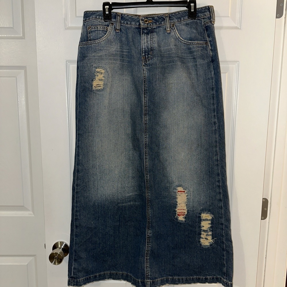 Hippie Long Denim Maxi Skirt Back Slit Casual Boho Size 13/31